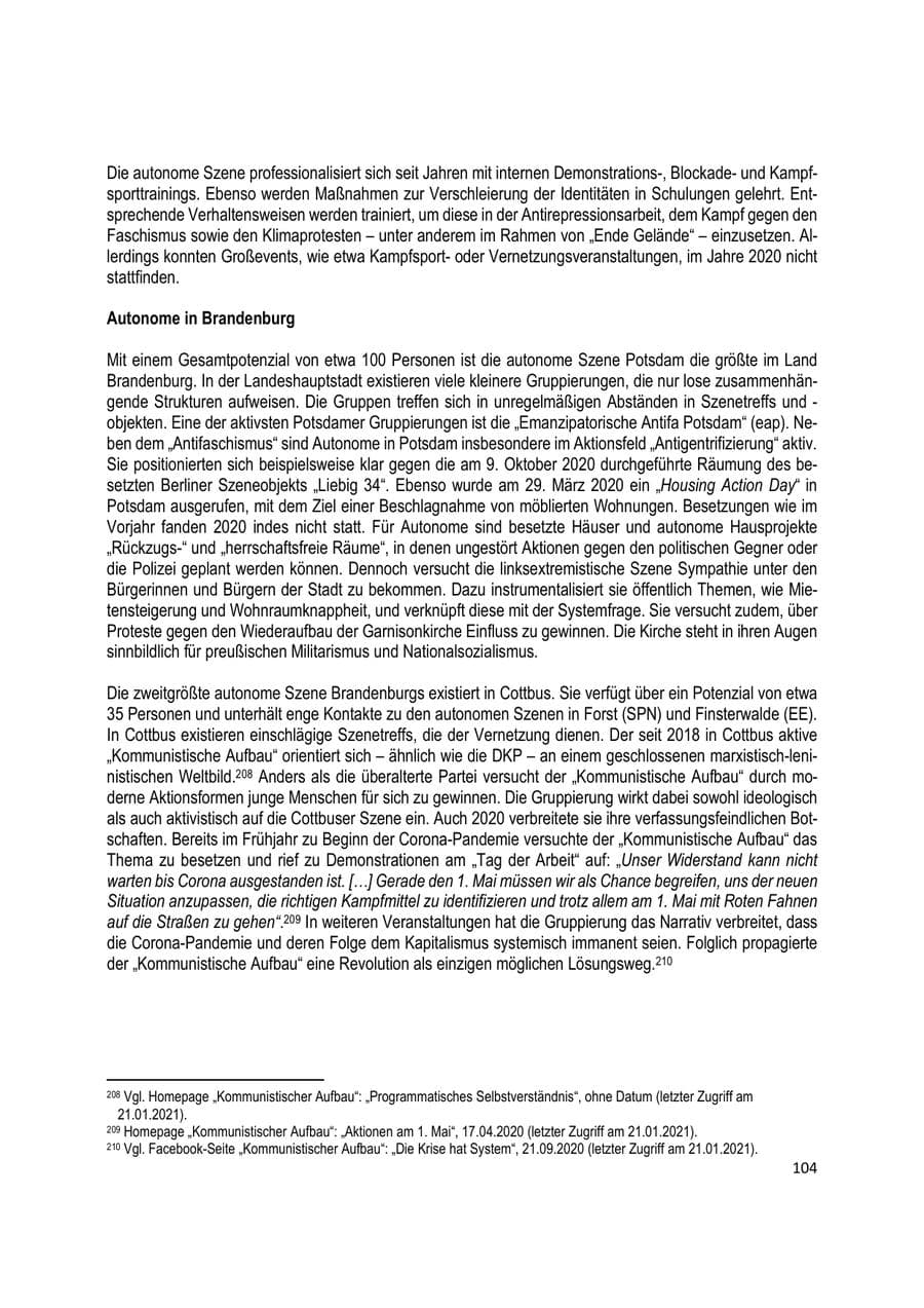Seite 104 des Verfassungsschutzbericht 2020 Brandenburg