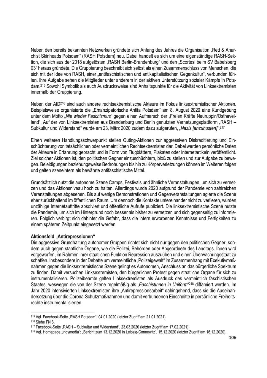 Seite 106 des Verfassungsschutzbericht 2020 Brandenburg