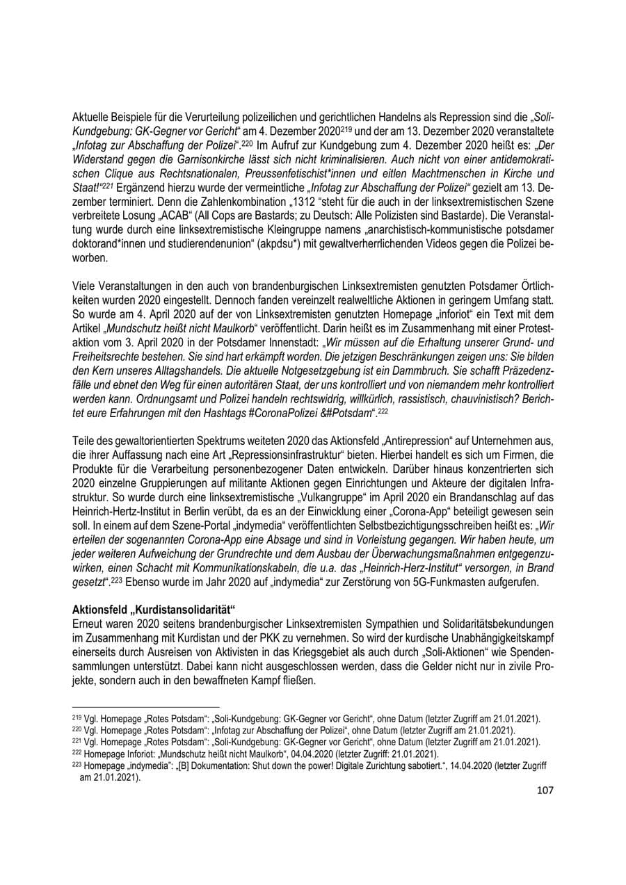 Seite 107 des Verfassungsschutzbericht 2020 Brandenburg