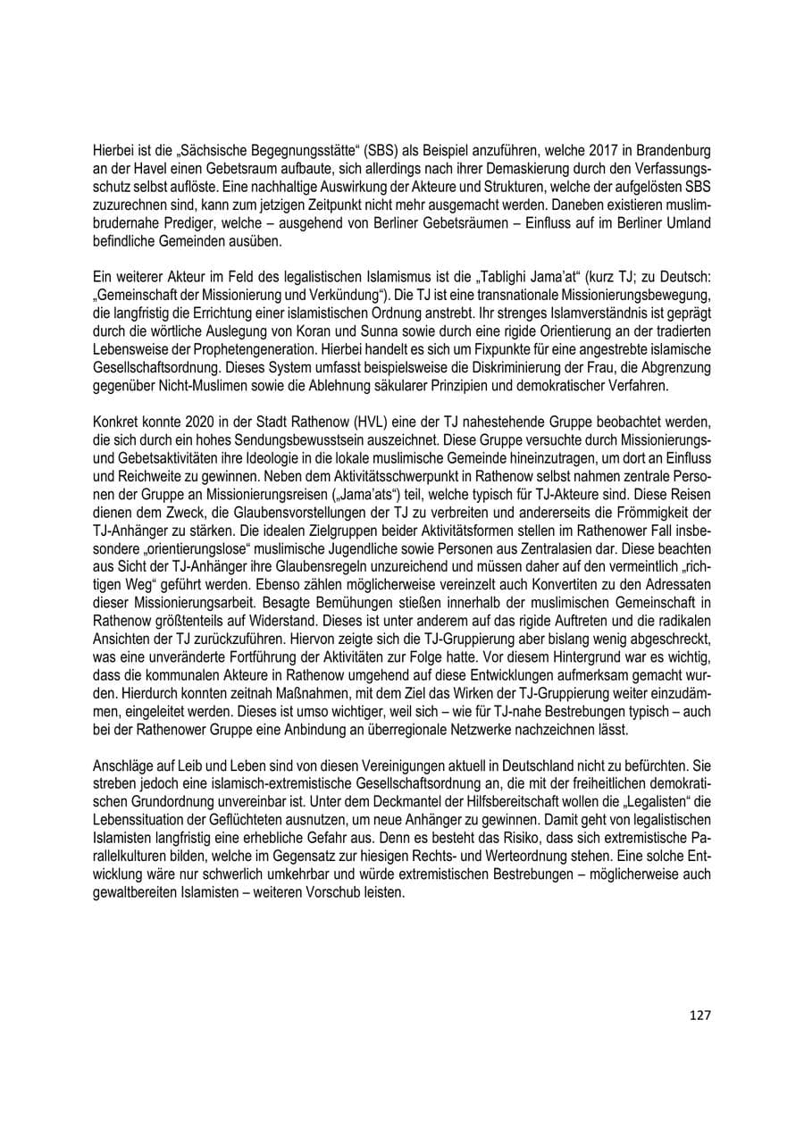 Seite 127 des Verfassungsschutzbericht 2020 Brandenburg