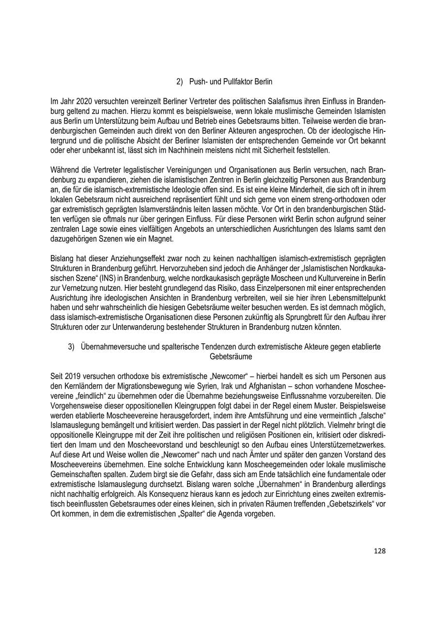 Seite 128 des Verfassungsschutzbericht 2020 Brandenburg