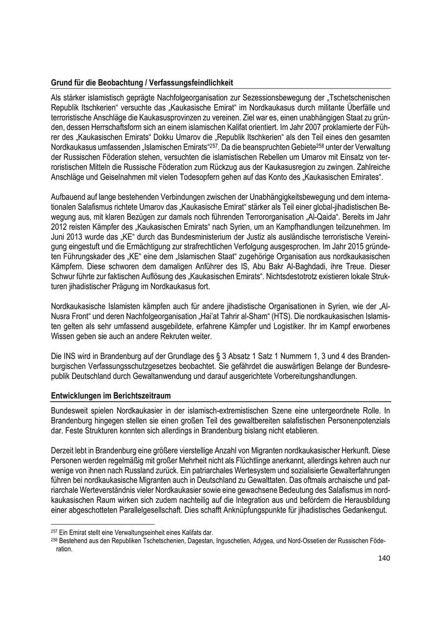 Seite 140 des Verfassungsschutzbericht 2020 Brandenburg