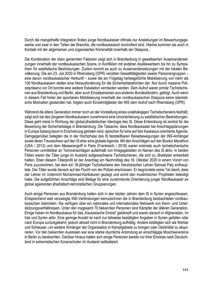 Seite 141 des Verfassungsschutzbericht 2020 Brandenburg