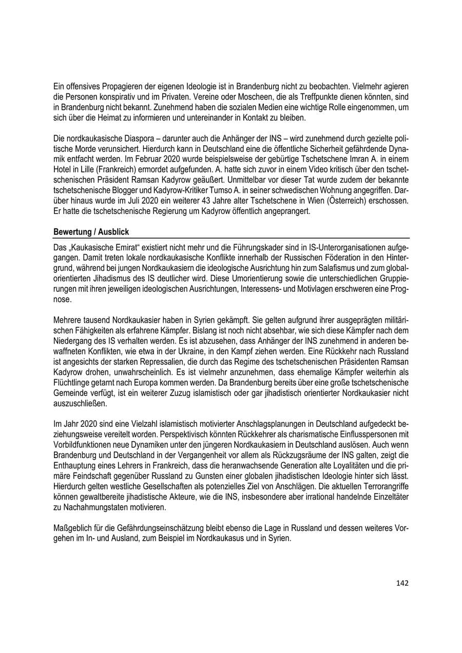 Seite 142 des Verfassungsschutzbericht 2020 Brandenburg