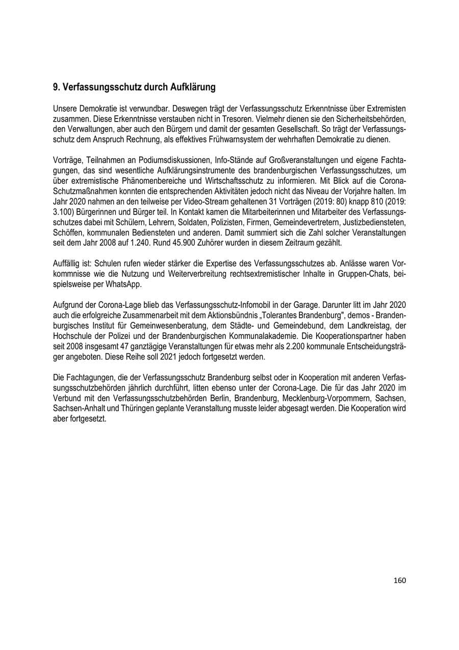 Seite 160 des Verfassungsschutzbericht 2020 Brandenburg