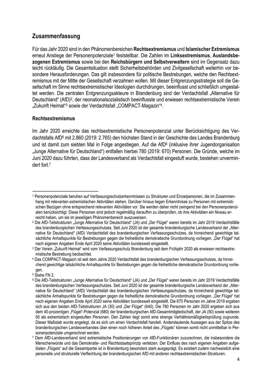 Seite 4 des Verfassungsschutzbericht 2020 Brandenburg