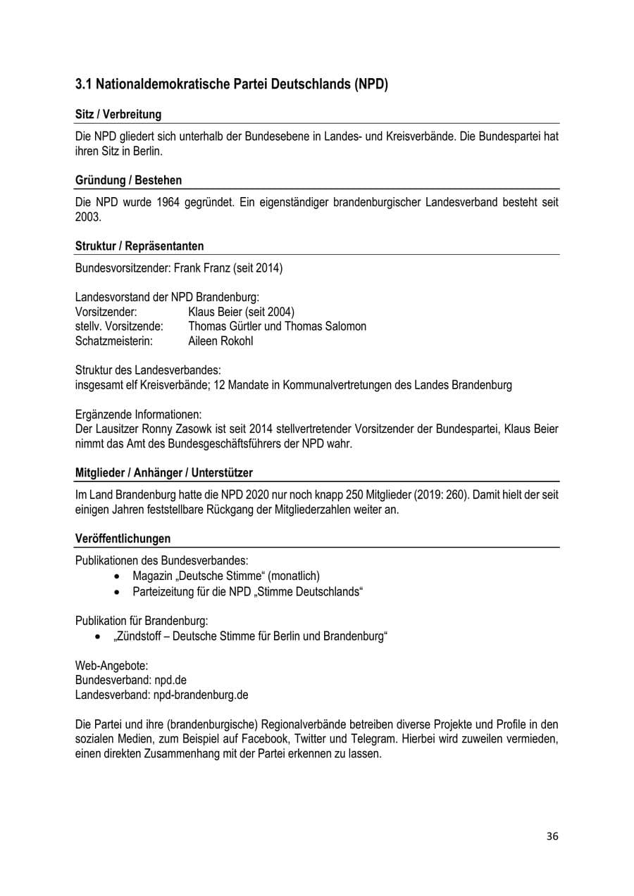 Seite 36 des Verfassungsschutzbericht 2020 Brandenburg