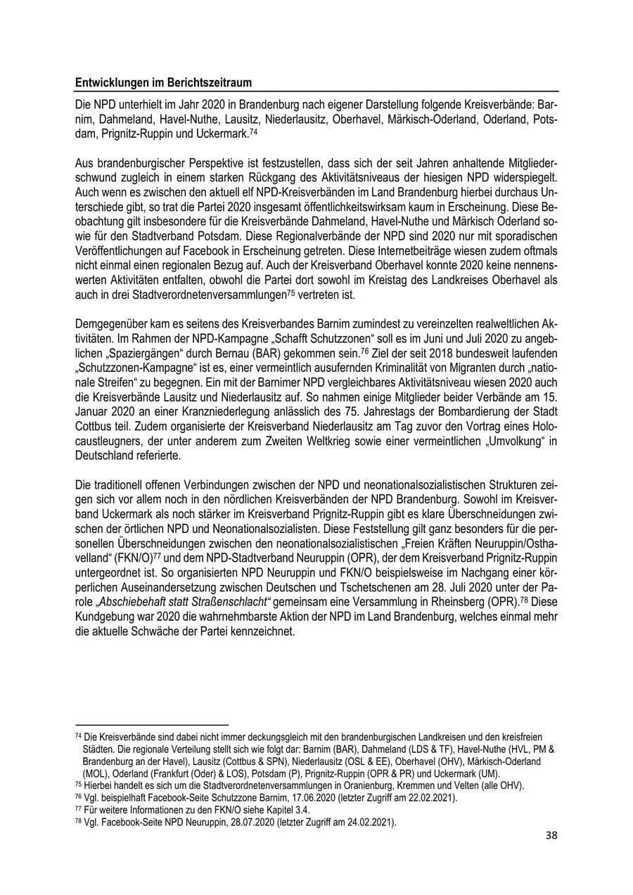 Seite 38 des Verfassungsschutzbericht 2020 Brandenburg