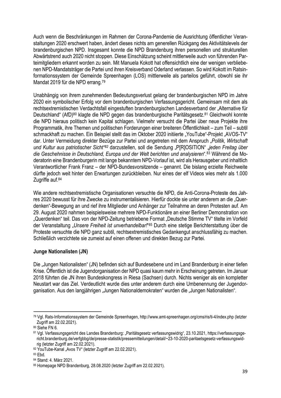 Seite 39 des Verfassungsschutzbericht 2020 Brandenburg