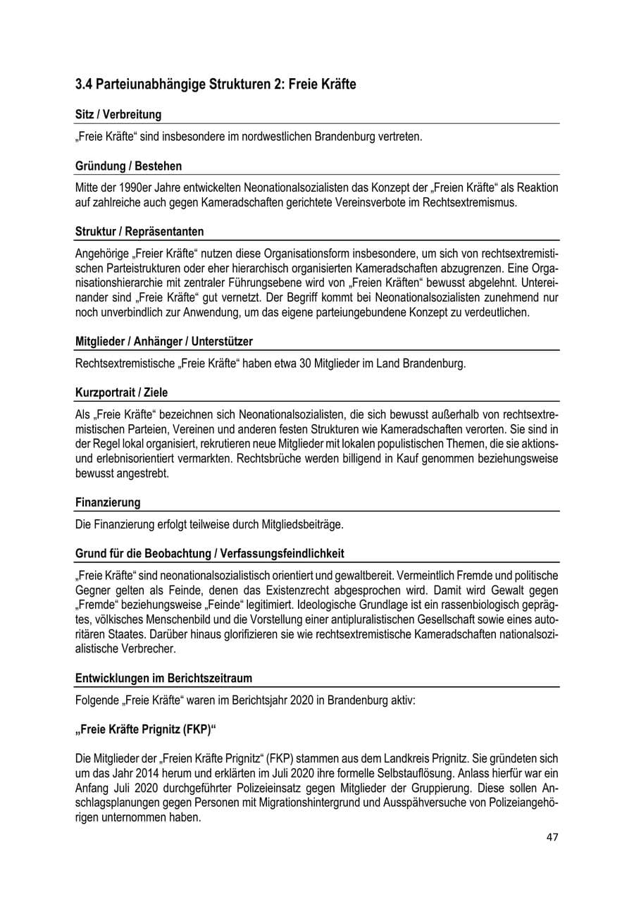Seite 47 des Verfassungsschutzbericht 2020 Brandenburg