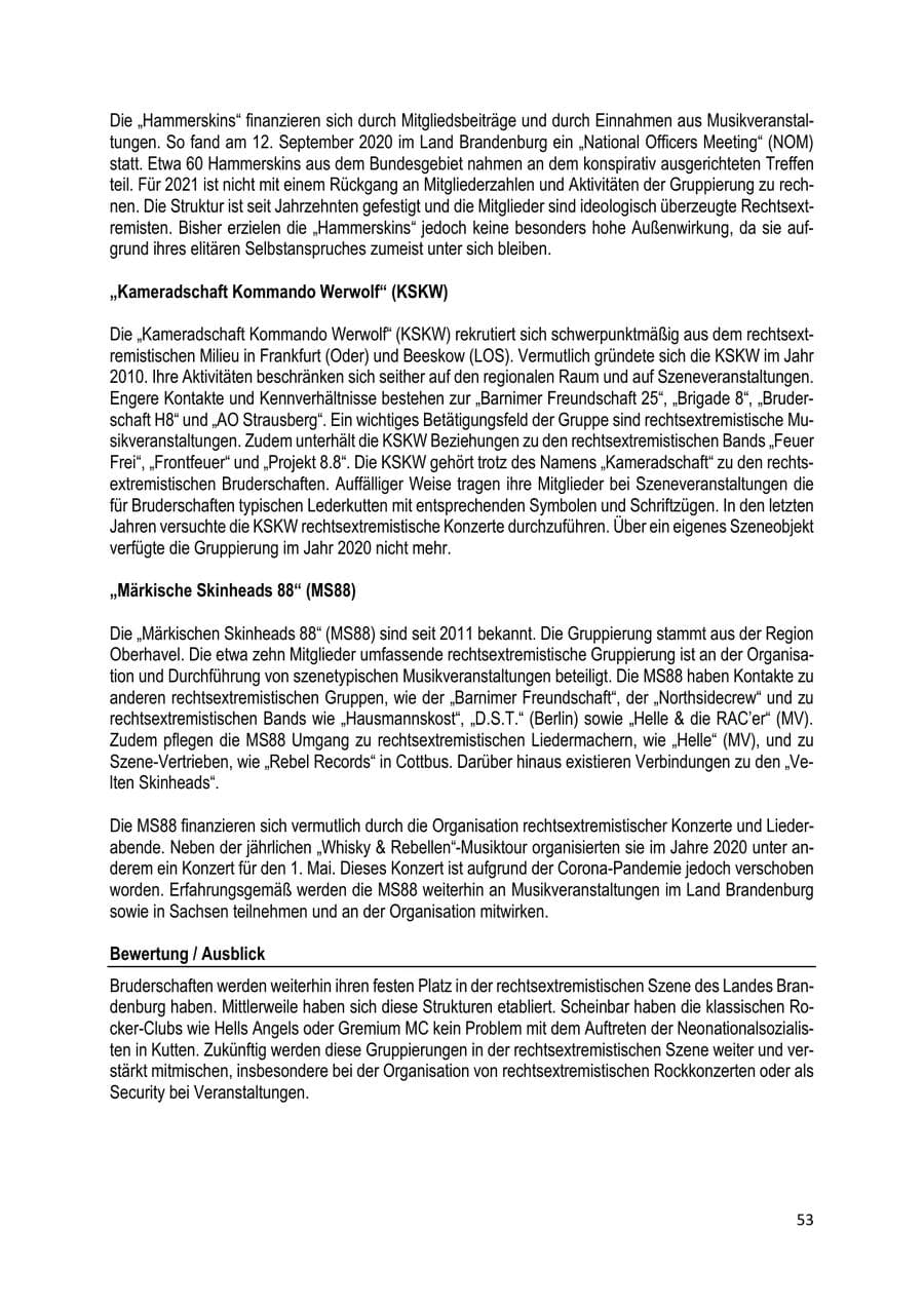 Seite 53 des Verfassungsschutzbericht 2020 Brandenburg