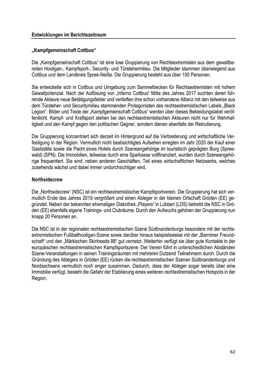 Seite 62 des Verfassungsschutzbericht 2020 Brandenburg