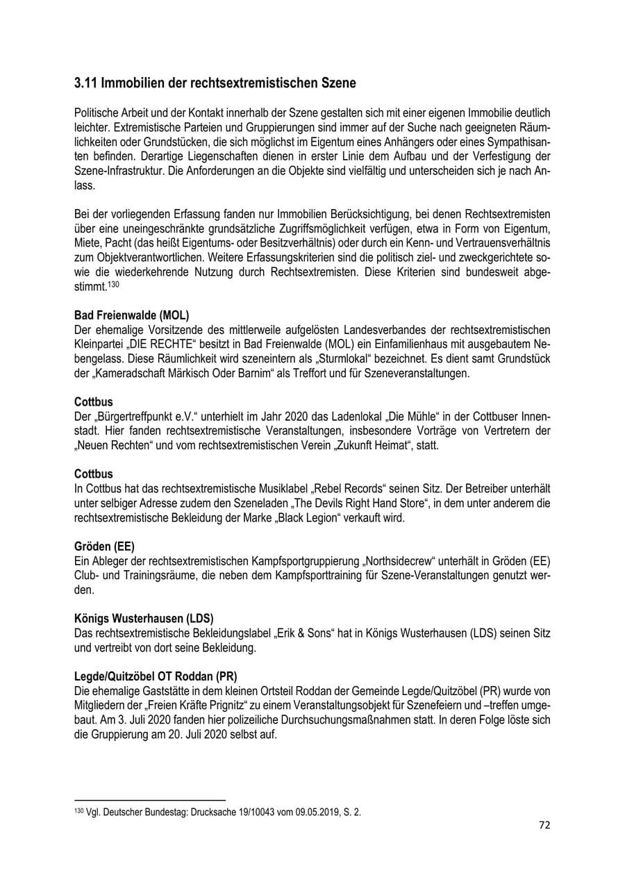 Seite 72 des Verfassungsschutzbericht 2020 Brandenburg