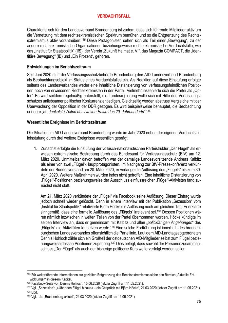 Seite 76 des Verfassungsschutzbericht 2020 Brandenburg