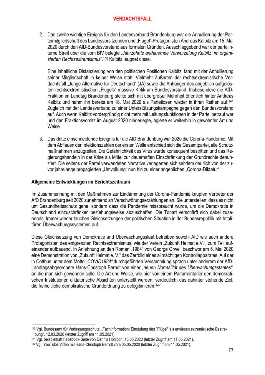Seite 77 des Verfassungsschutzbericht 2020 Brandenburg