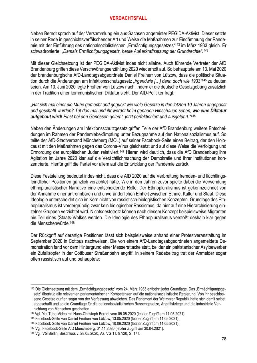 Seite 78 des Verfassungsschutzbericht 2020 Brandenburg
