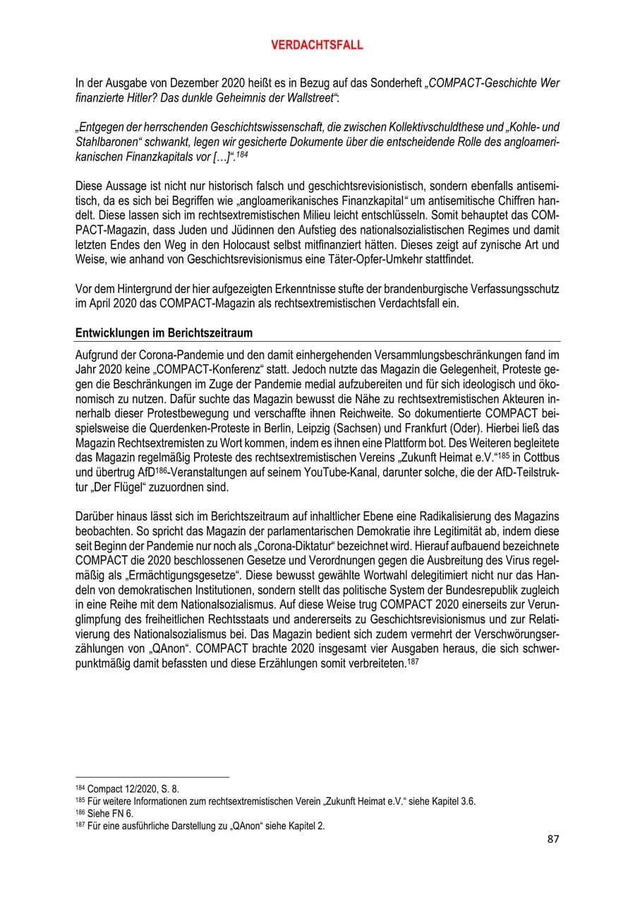 Seite 87 des Verfassungsschutzbericht 2020 Brandenburg