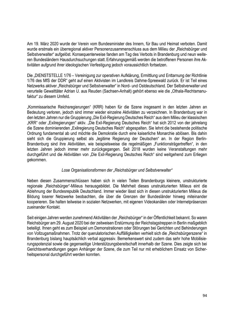 Seite 94 des Verfassungsschutzbericht 2020 Brandenburg