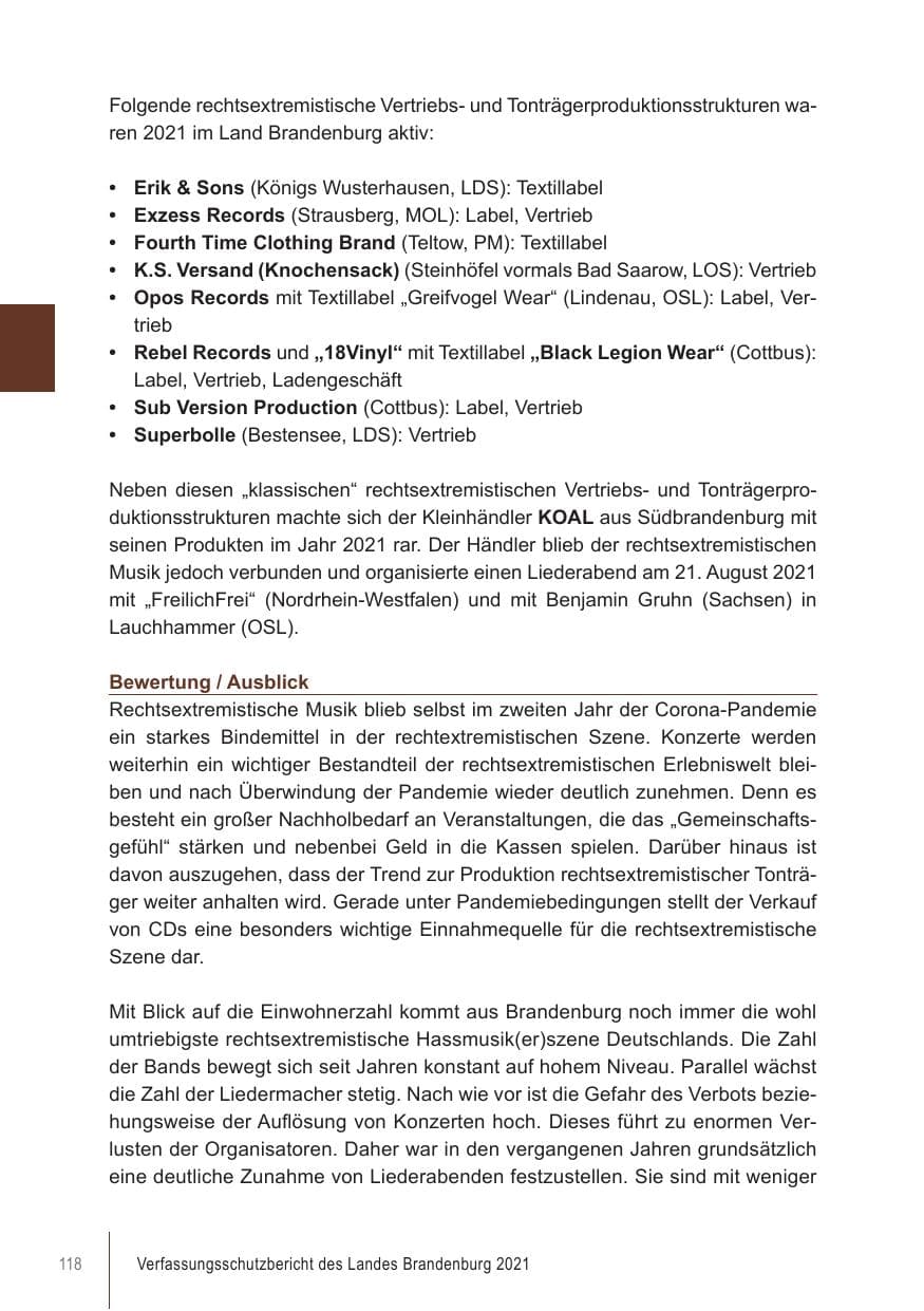 Seite 118 des Verfassungsschutzbericht 2021 Brandenburg