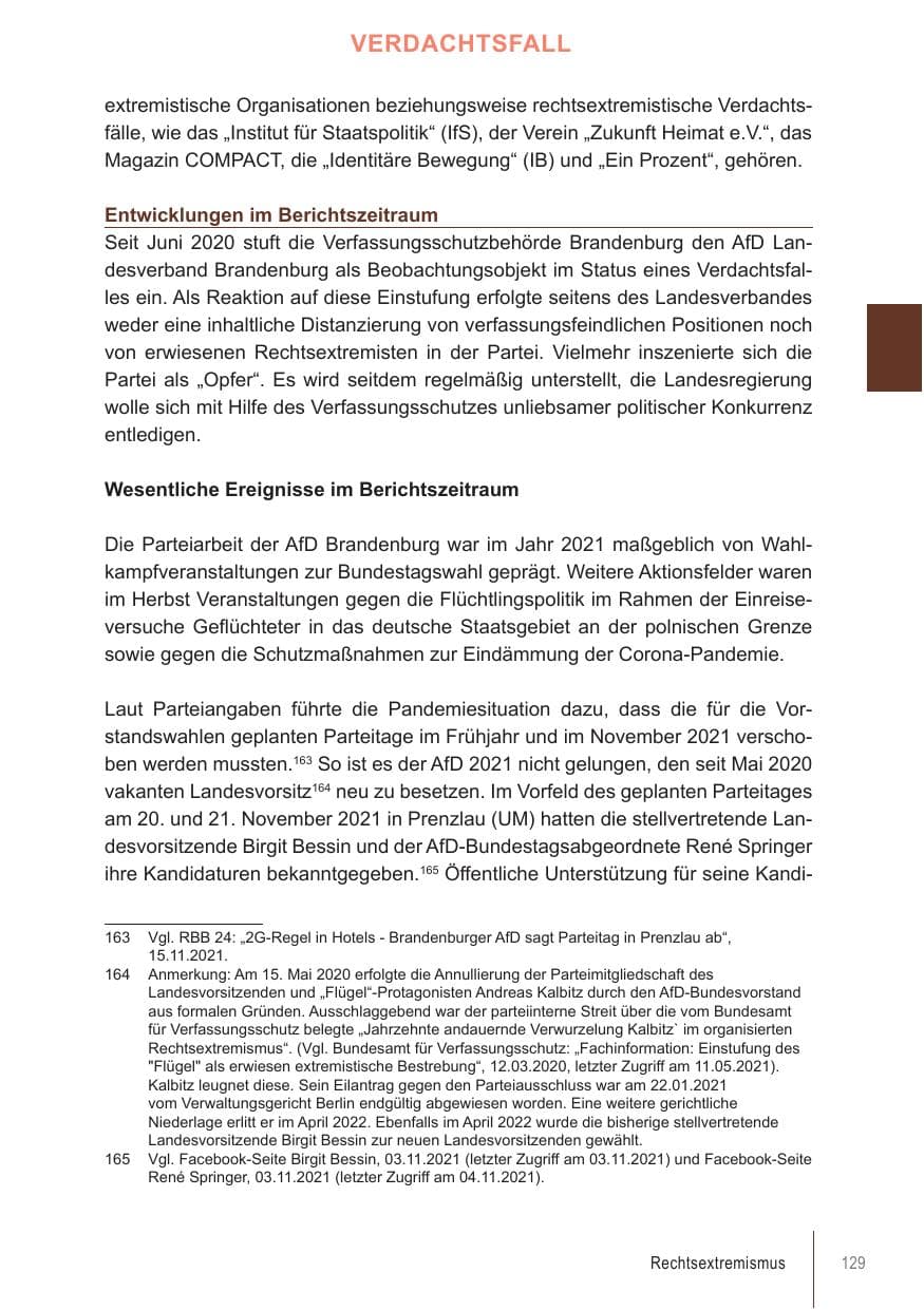 Seite 129 des Verfassungsschutzbericht 2021 Brandenburg