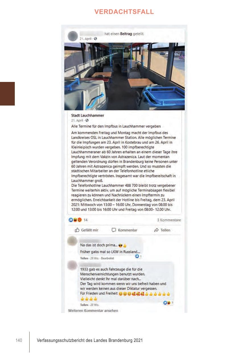 Seite 140 des Verfassungsschutzbericht 2021 Brandenburg