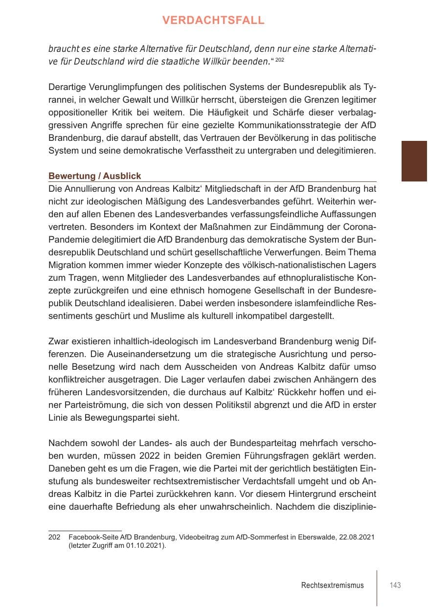 Seite 143 des Verfassungsschutzbericht 2021 Brandenburg