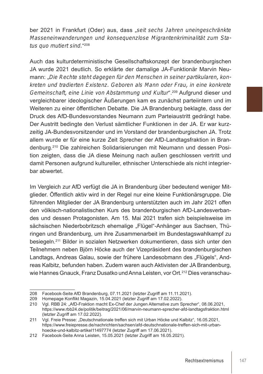 Seite 147 des Verfassungsschutzbericht 2021 Brandenburg