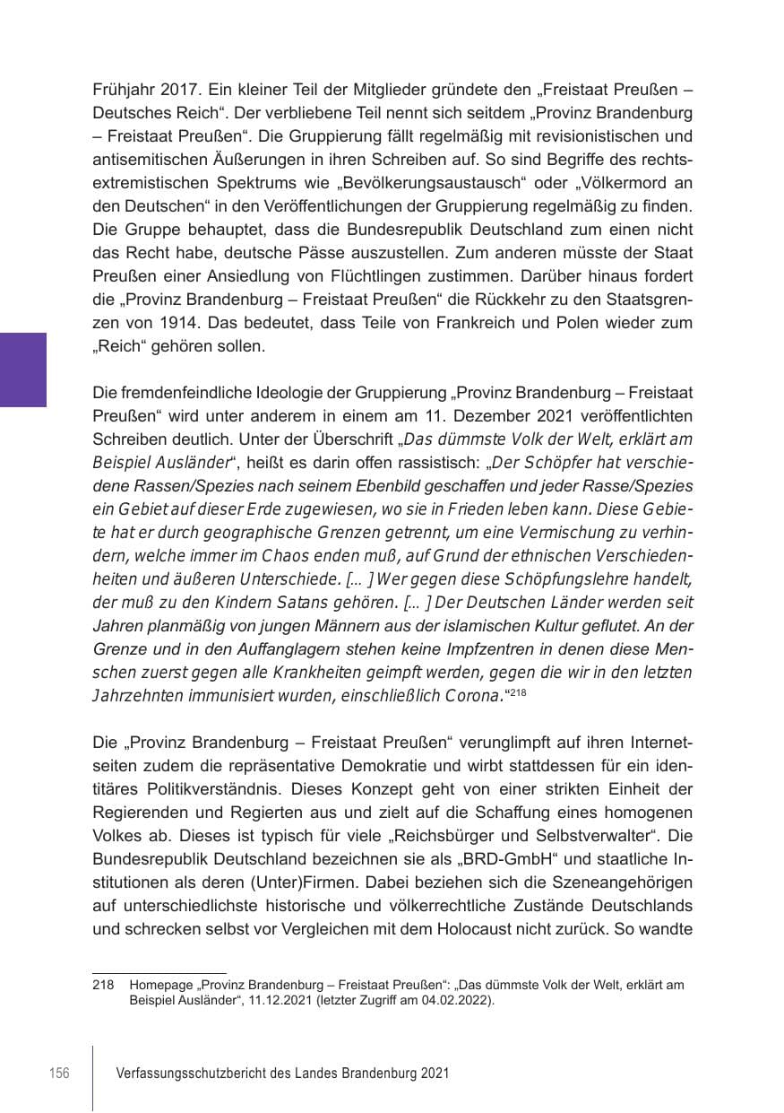 Seite 156 des Verfassungsschutzbericht 2021 Brandenburg