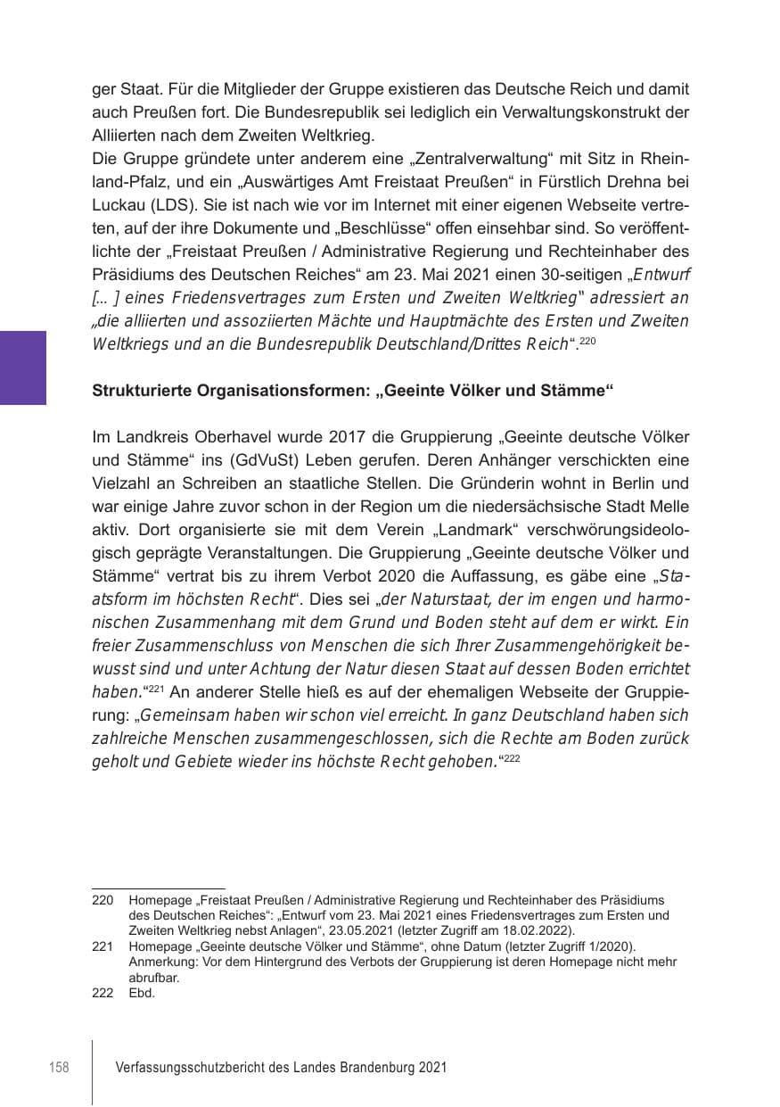 Seite 158 des Verfassungsschutzbericht 2021 Brandenburg