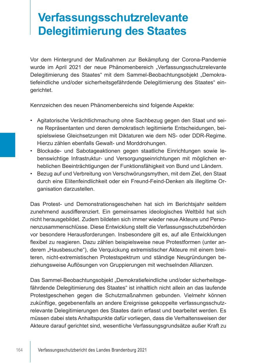 Seite 164 des Verfassungsschutzbericht 2021 Brandenburg