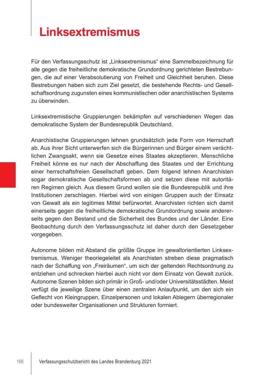 Seite 168 des Verfassungsschutzbericht 2021 Brandenburg
