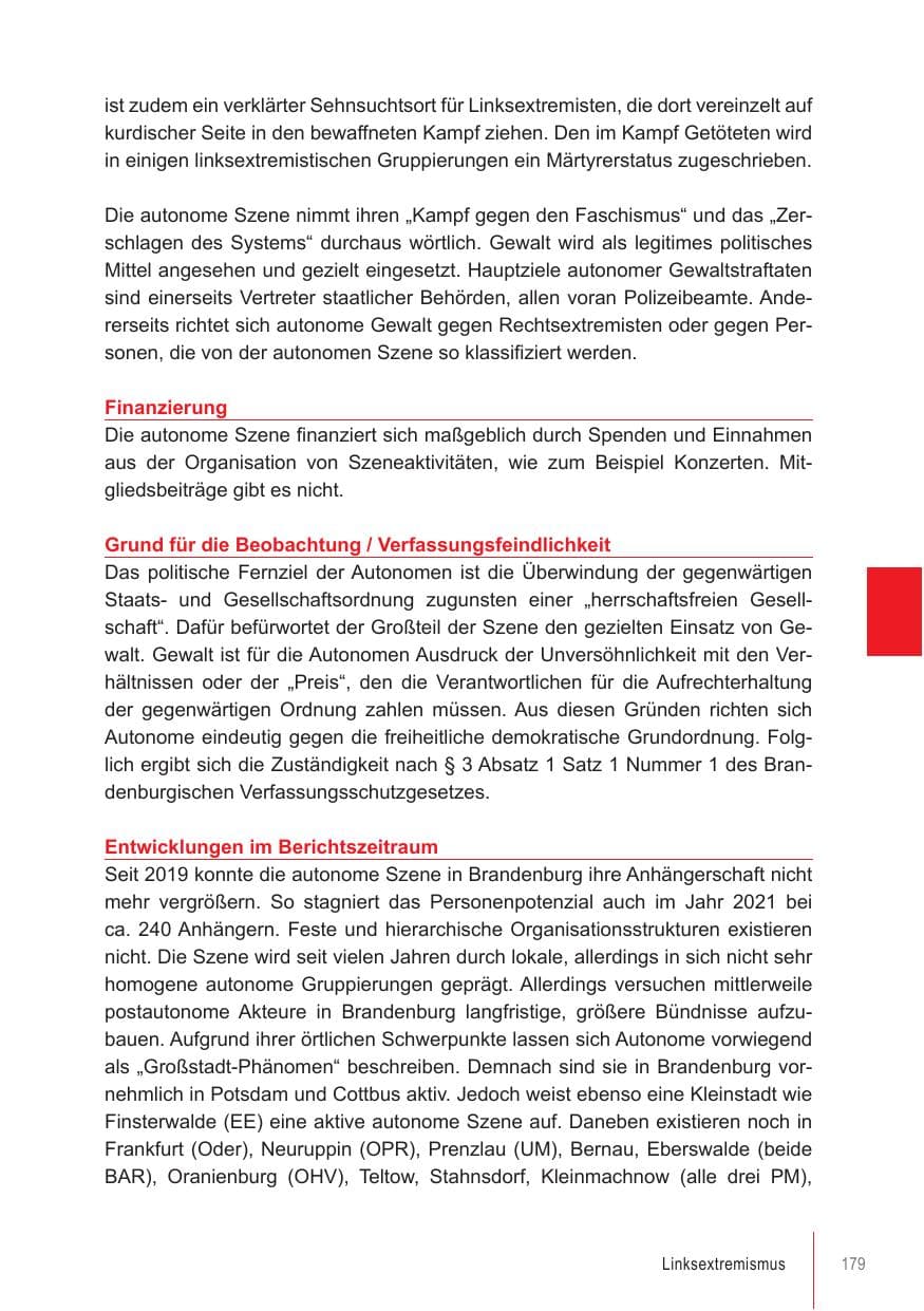 Seite 179 des Verfassungsschutzbericht 2021 Brandenburg