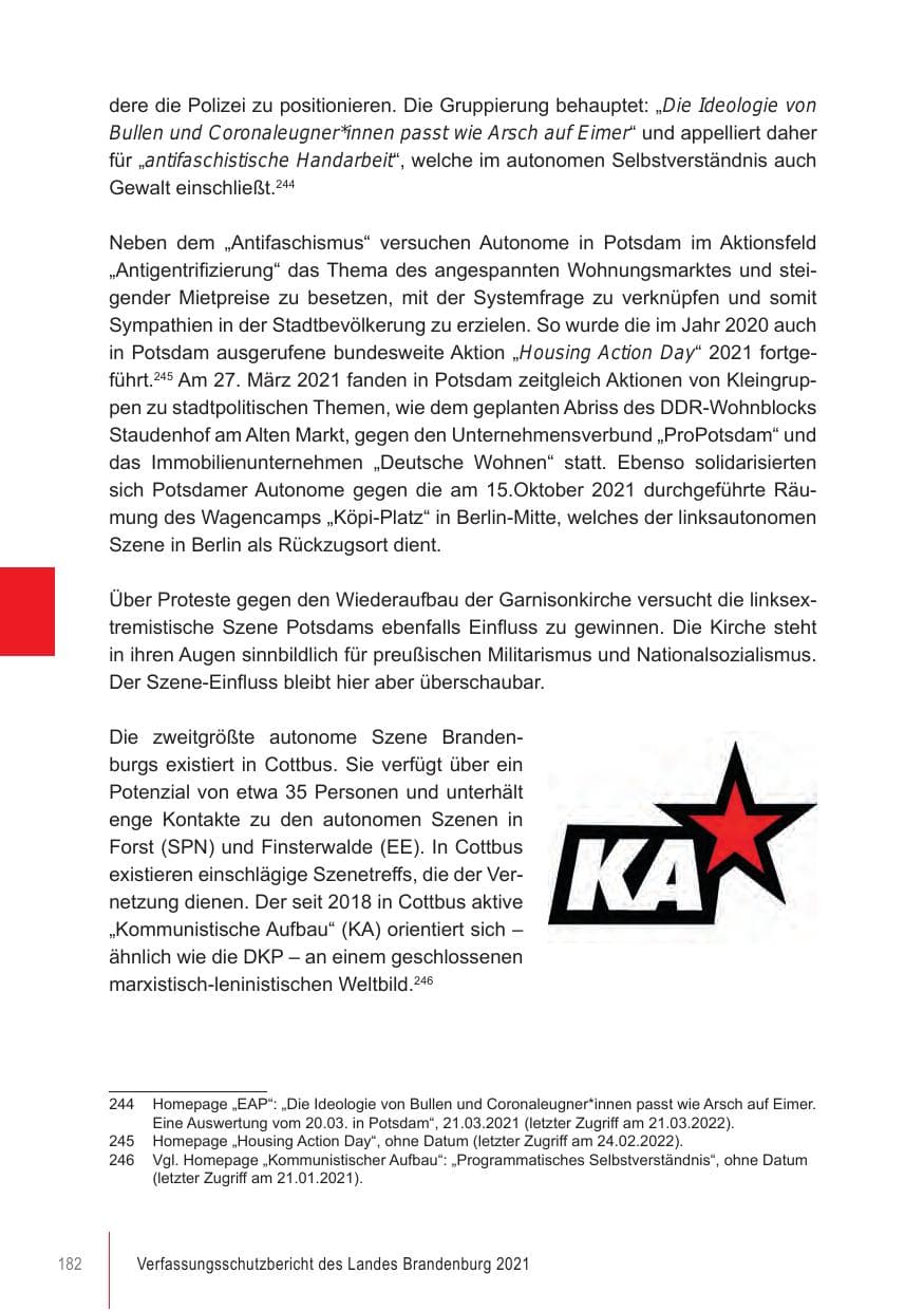 Seite 182 des Verfassungsschutzbericht 2021 Brandenburg
