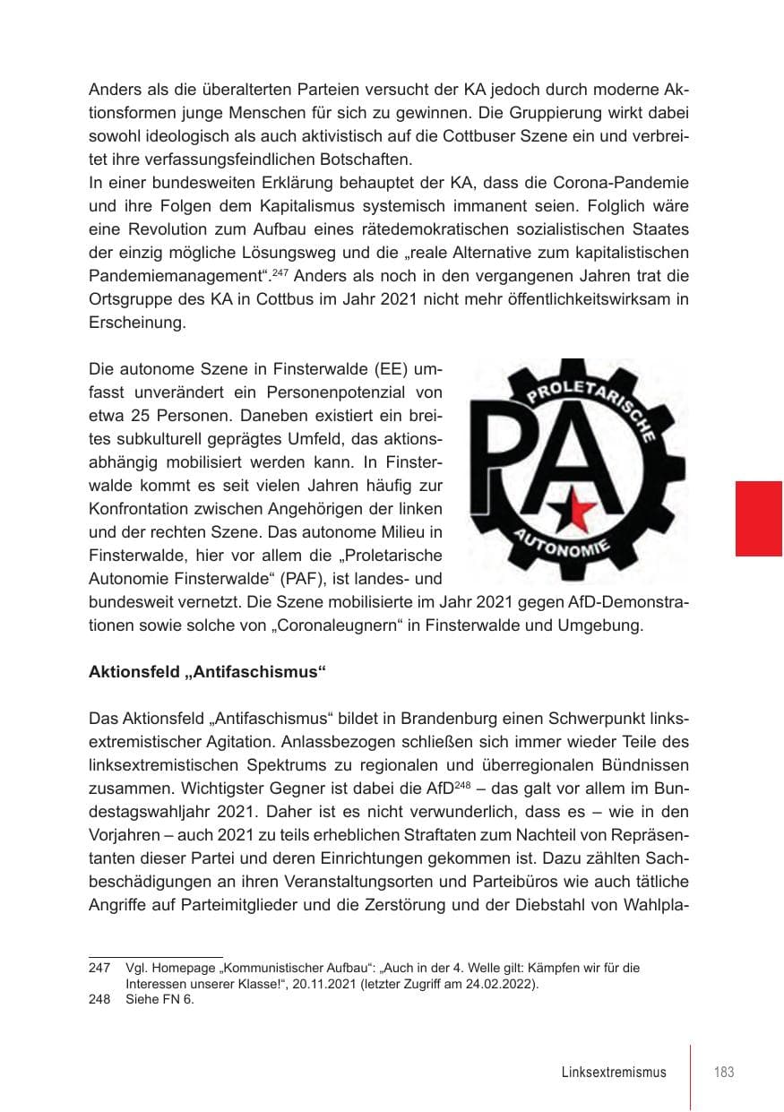 Seite 183 des Verfassungsschutzbericht 2021 Brandenburg