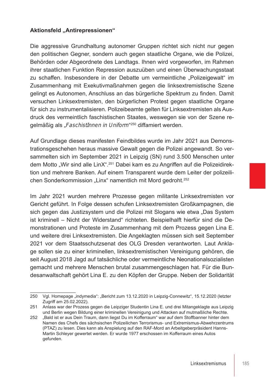 Seite 185 des Verfassungsschutzbericht 2021 Brandenburg