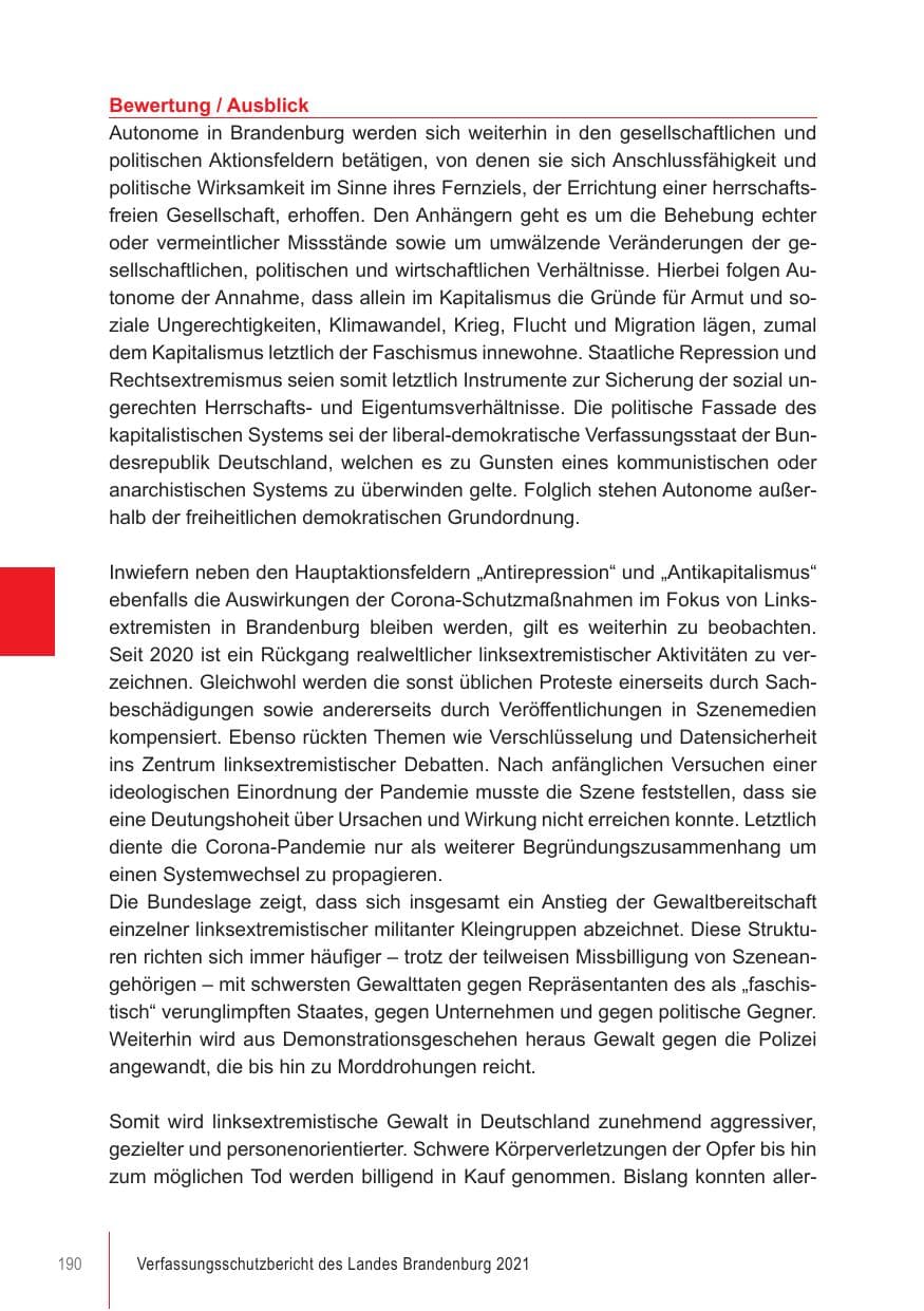 Seite 190 des Verfassungsschutzbericht 2021 Brandenburg