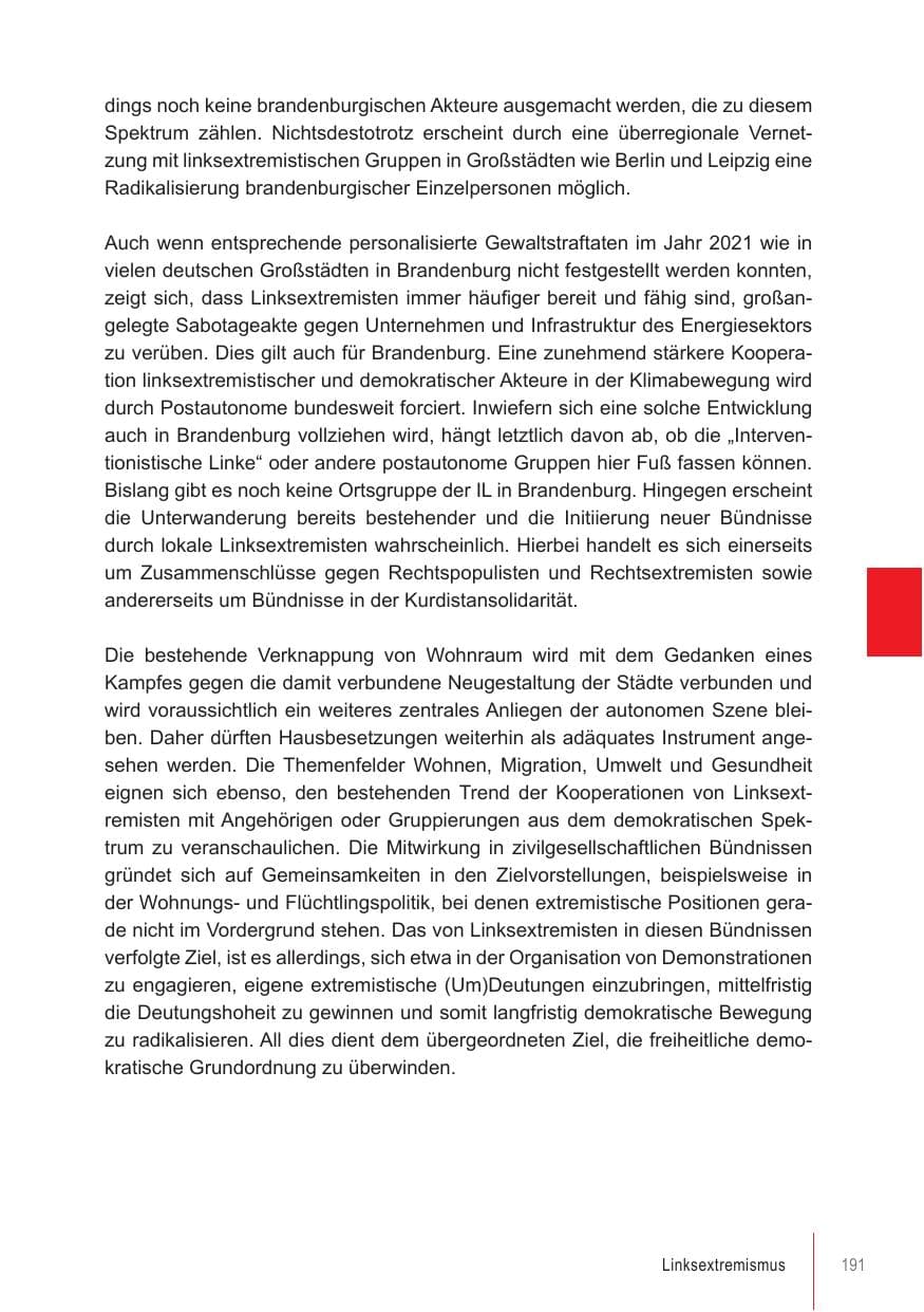 Seite 191 des Verfassungsschutzbericht 2021 Brandenburg