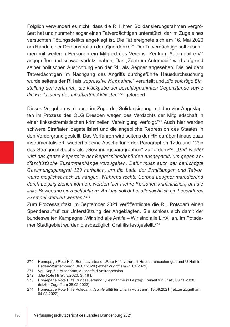 Seite 198 des Verfassungsschutzbericht 2021 Brandenburg