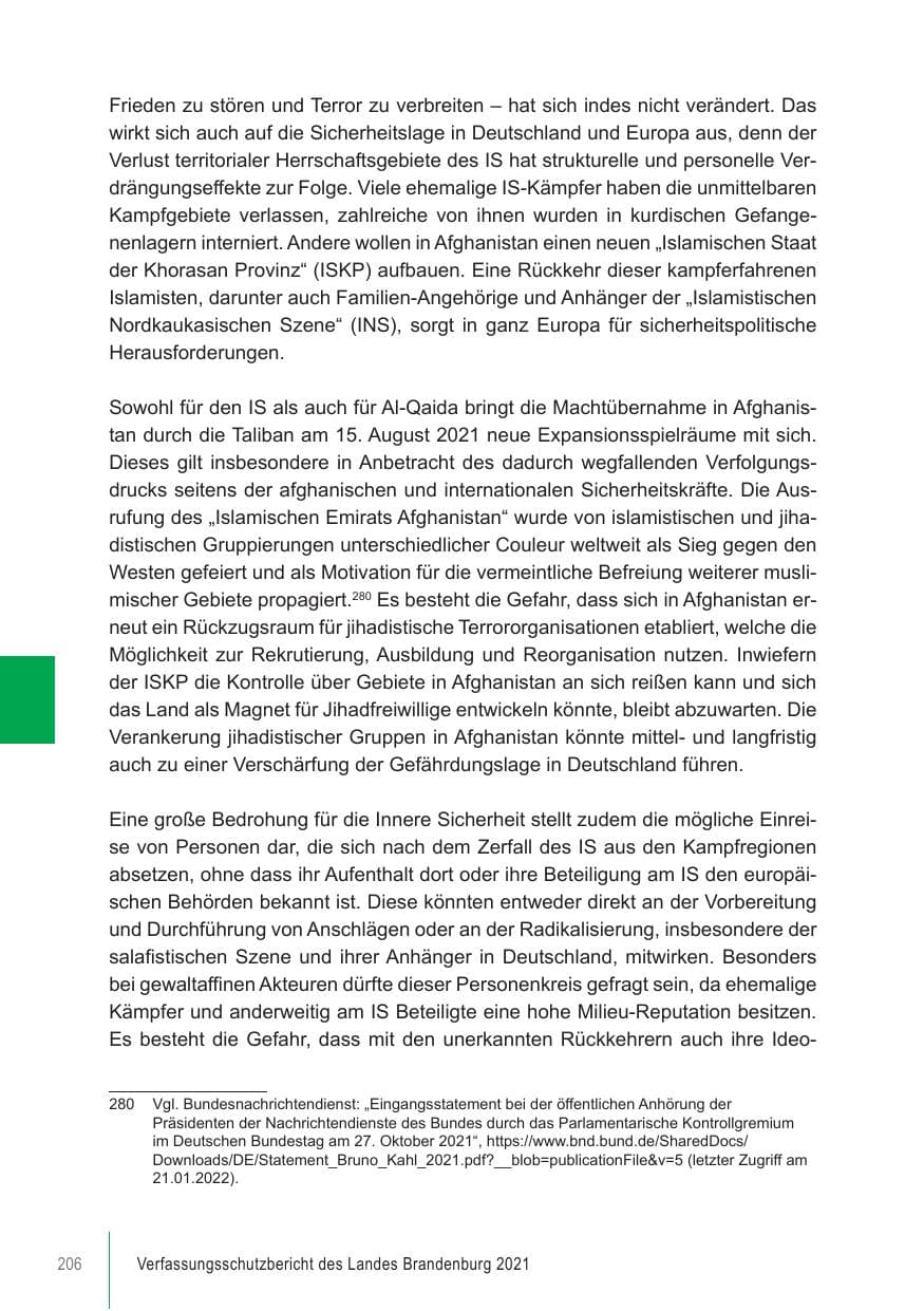 Seite 206 des Verfassungsschutzbericht 2021 Brandenburg