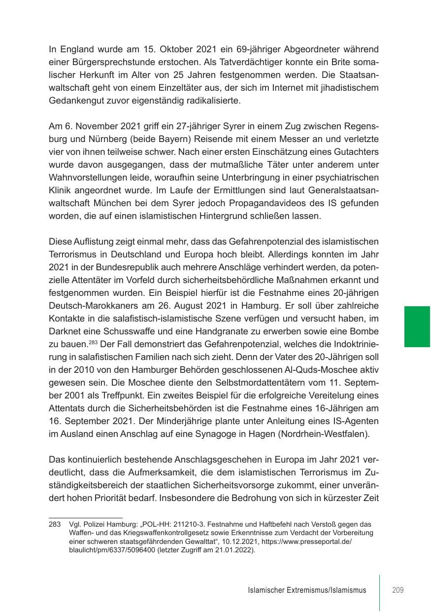 Seite 209 des Verfassungsschutzbericht 2021 Brandenburg