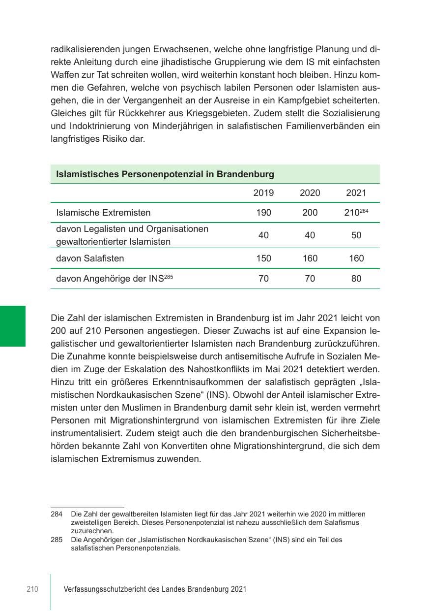 Seite 210 des Verfassungsschutzbericht 2021 Brandenburg