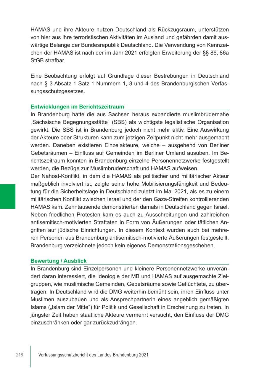 Seite 216 des Verfassungsschutzbericht 2021 Brandenburg