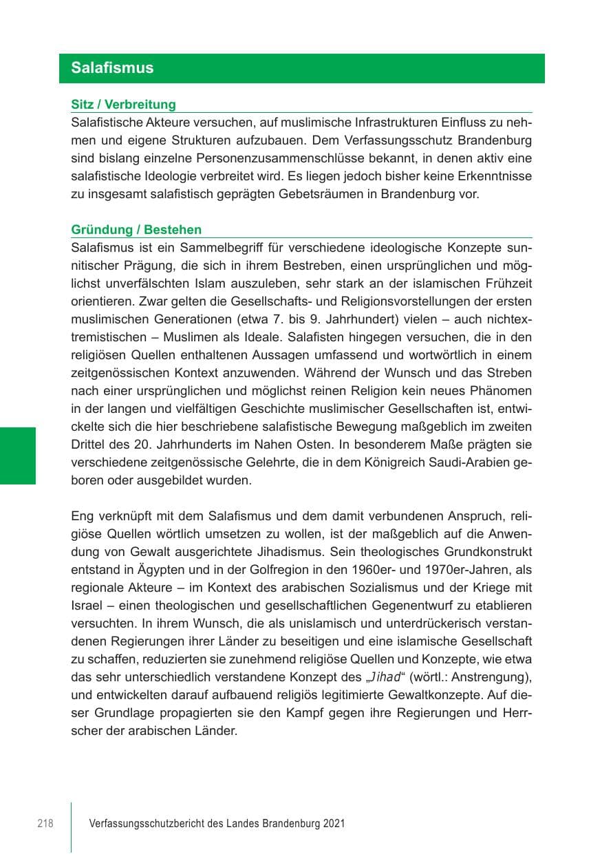 Seite 218 des Verfassungsschutzbericht 2021 Brandenburg