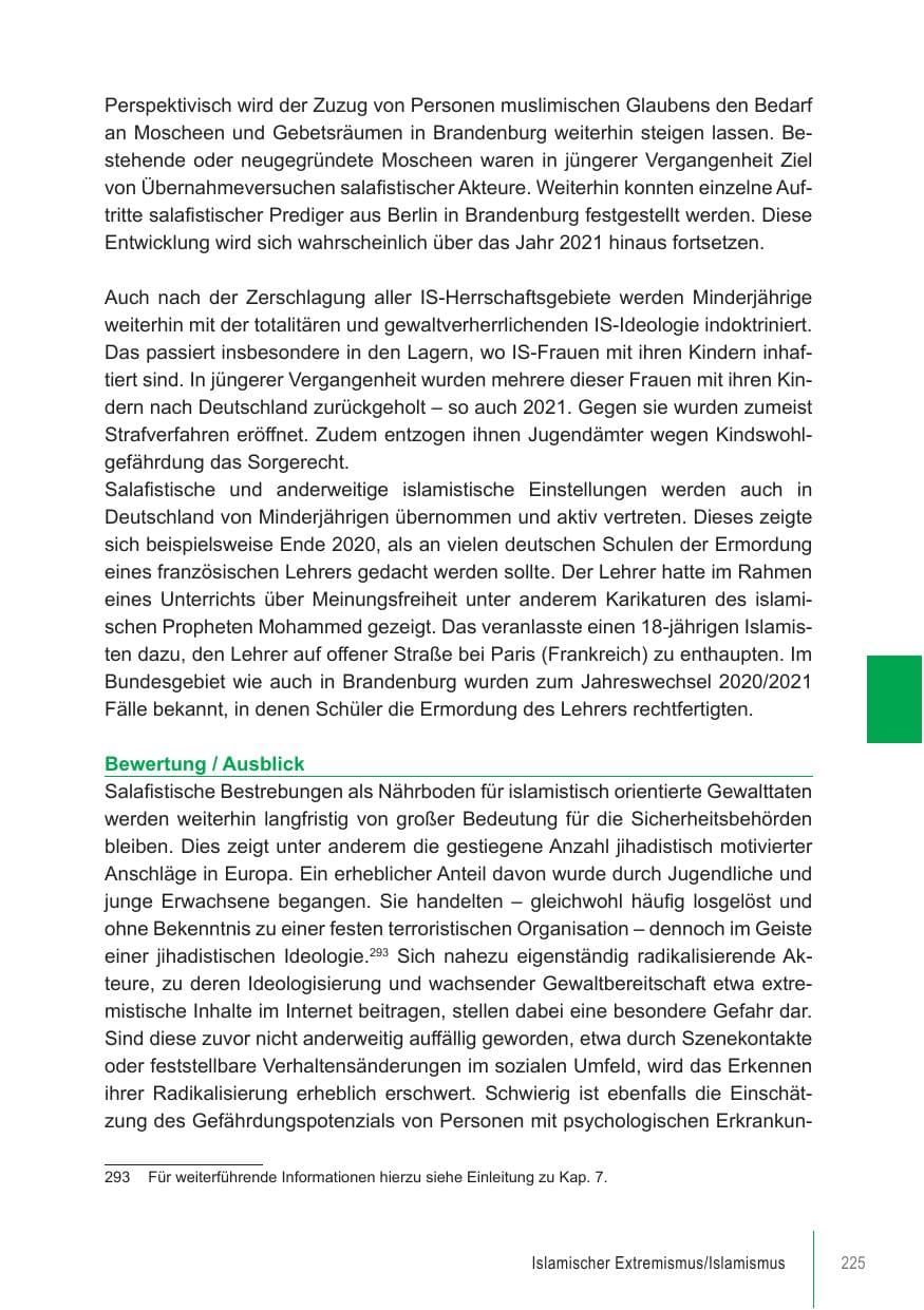 Seite 225 des Verfassungsschutzbericht 2021 Brandenburg
