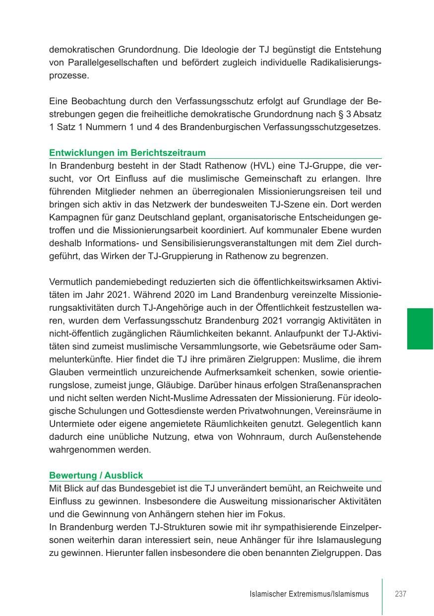 Seite 237 des Verfassungsschutzbericht 2021 Brandenburg