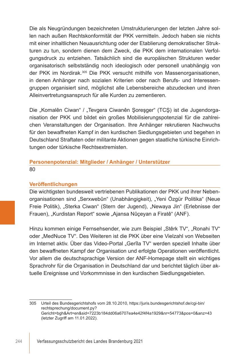 Seite 244 des Verfassungsschutzbericht 2021 Brandenburg