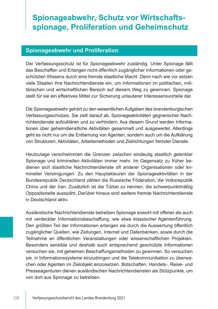 Seite 256 des Verfassungsschutzbericht 2021 Brandenburg