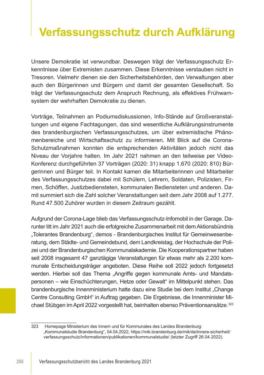 Seite 268 des Verfassungsschutzbericht 2021 Brandenburg