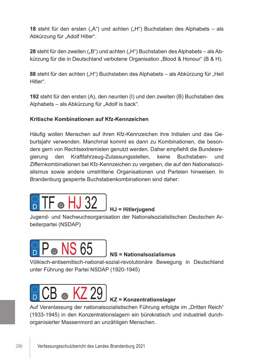 Seite 286 des Verfassungsschutzbericht 2021 Brandenburg