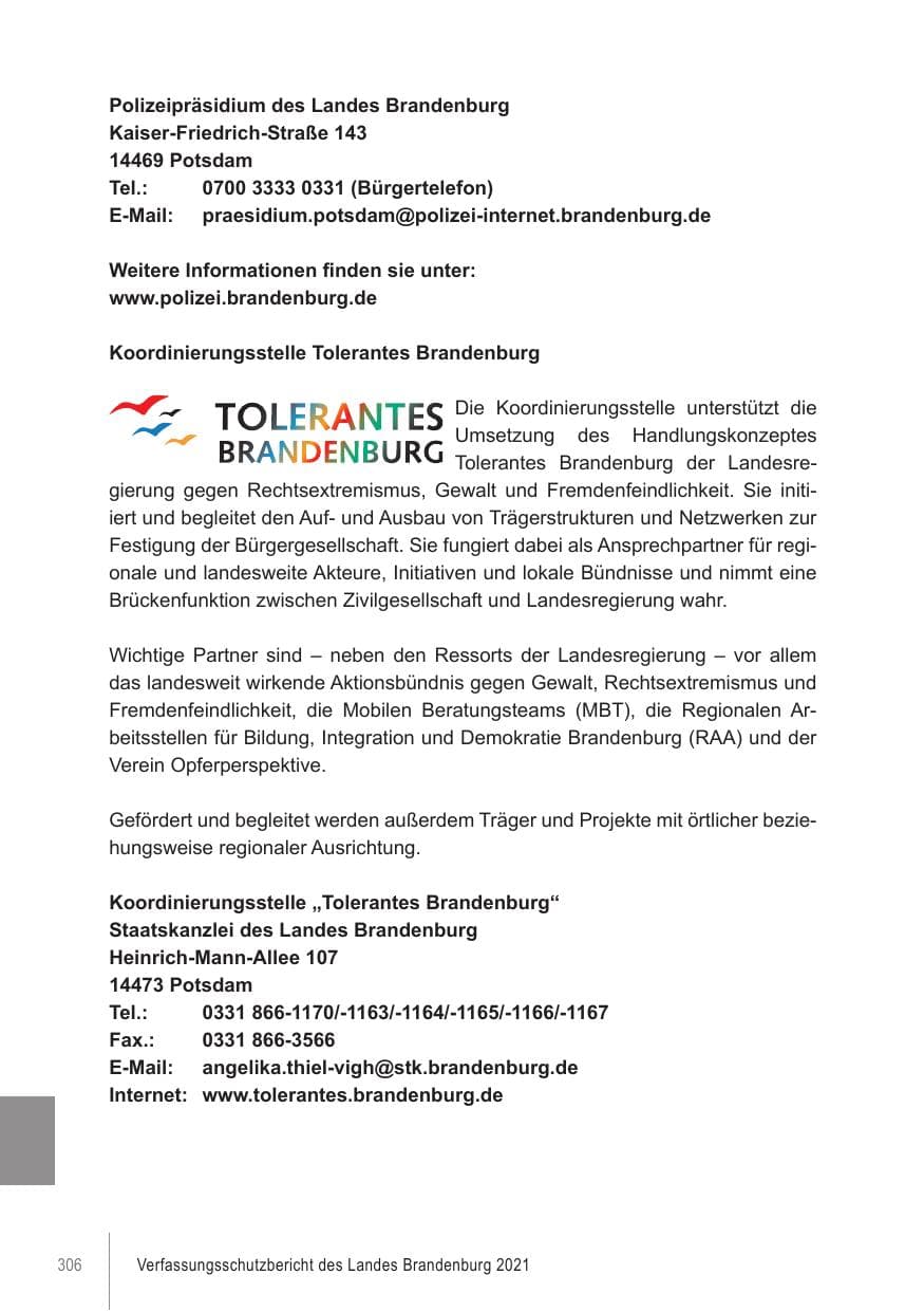 Seite 306 des Verfassungsschutzbericht 2021 Brandenburg